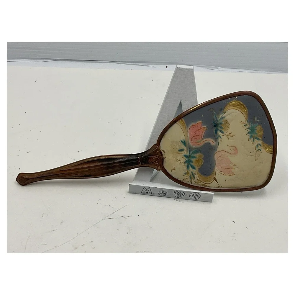 Vintage Gold Tone Beveled Handheld Mirror Floral Flamingo Bird Vanity Decor 13